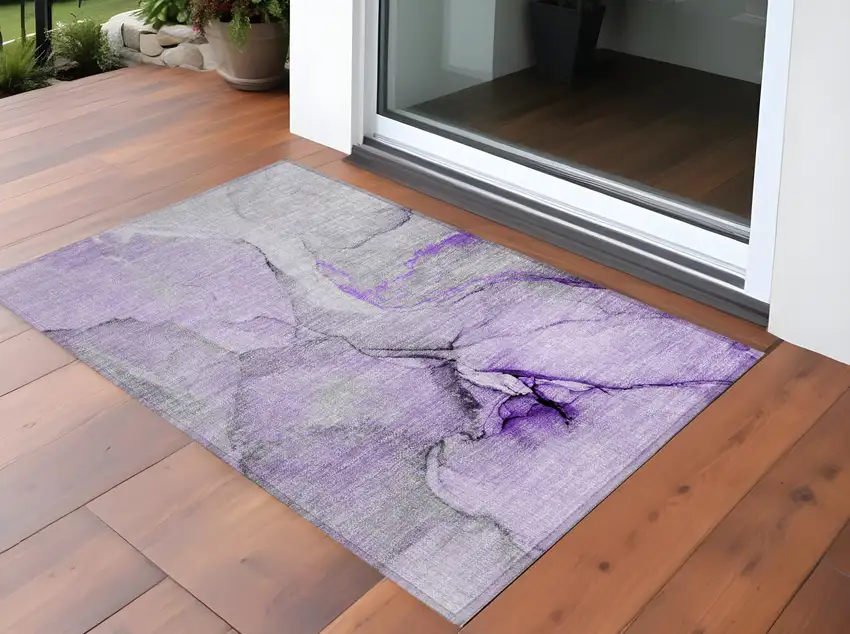 Purple and Ivory Abstract Washable Non Skid Indoor Outdoor Area Rug Photo 1