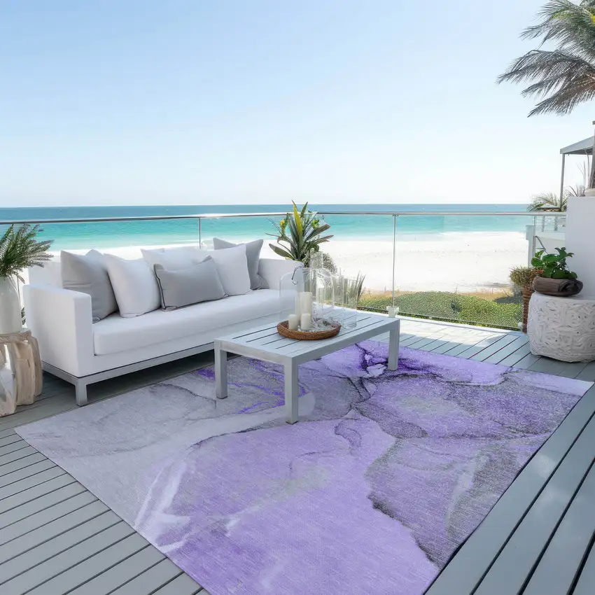 Purple and Ivory Abstract Washable Non Skid Indoor Outdoor Area Rug Photo 8