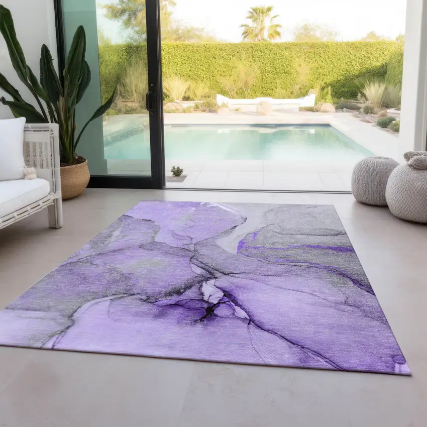 Purple and Ivory Abstract Washable Non Skid Indoor Outdoor Area Rug Photo 9
