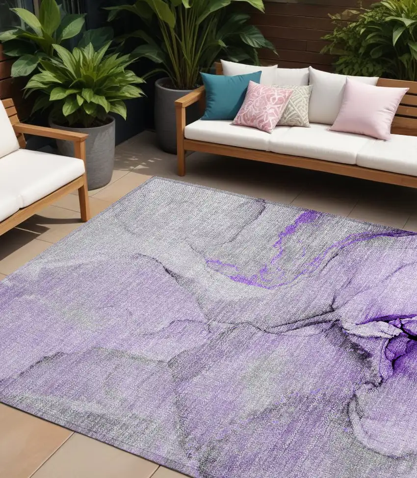 Purple and Ivory Abstract Washable Non Skid Indoor Outdoor Area Rug Photo 1