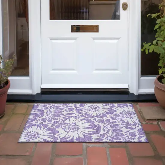 Purple and Ivory Floral Washable Non Skid Indoor Outdoor Area Rug Photo 8