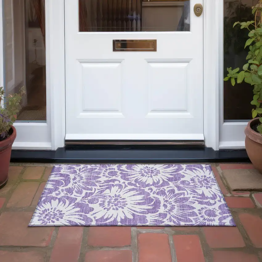 Purple and Ivory Floral Washable Non Skid Indoor Outdoor Area Rug Photo 8