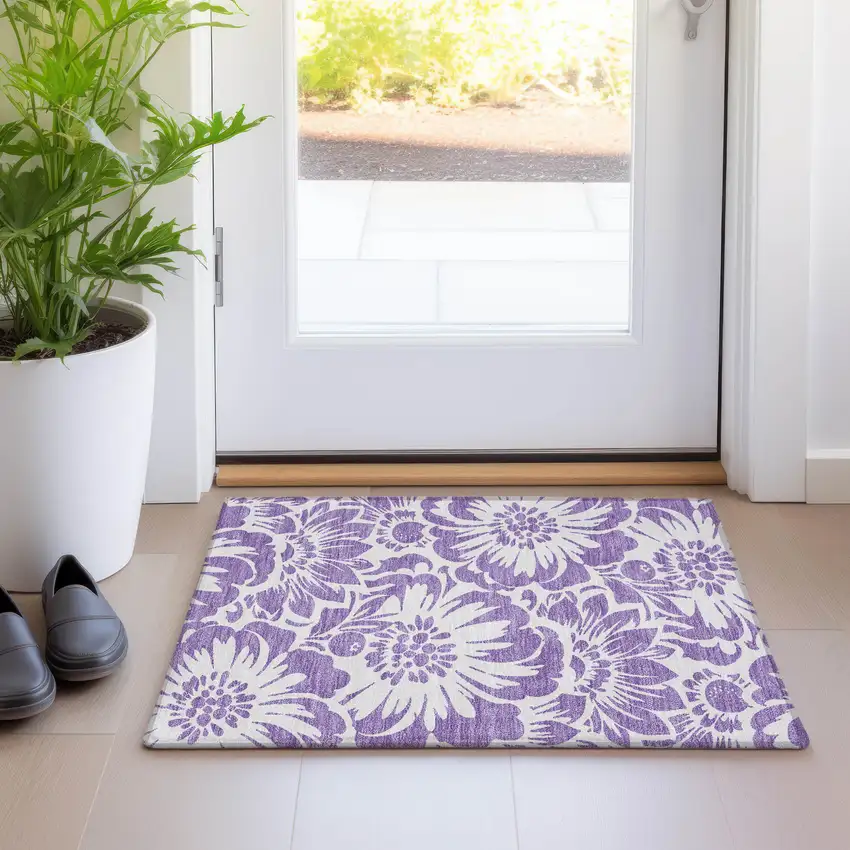 Purple and Ivory Floral Washable Non Skid Indoor Outdoor Area Rug Photo 9