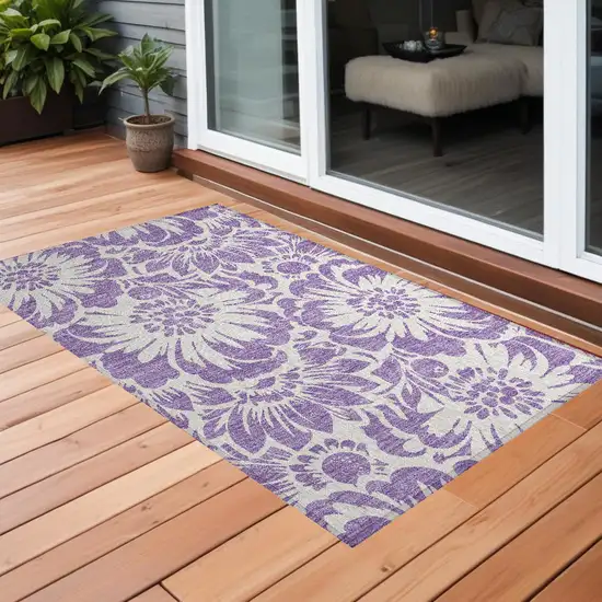 Purple and Ivory Floral Washable Non Skid Indoor Outdoor Area Rug Photo 1