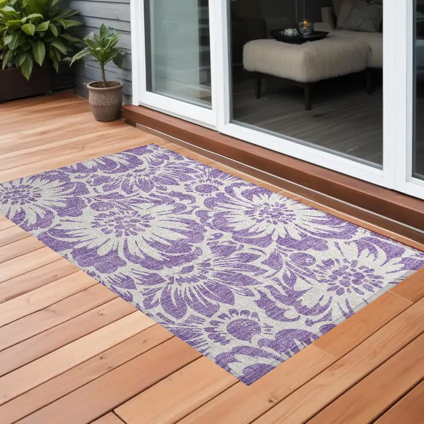 Purple and Ivory Floral Washable Non Skid Indoor Outdoor Area Rug Photo 1