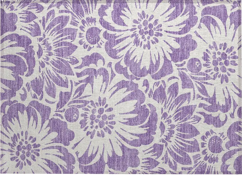 Purple and Ivory Floral Washable Non Skid Indoor Outdoor Area Rug Photo 2