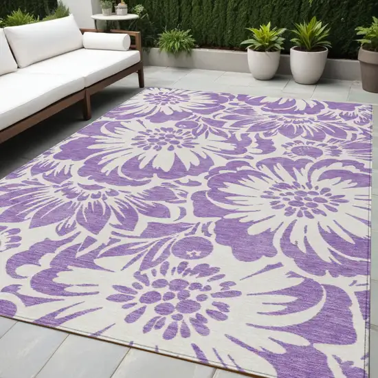 Purple and Ivory Floral Washable Non Skid Indoor Outdoor Area Rug Photo 1
