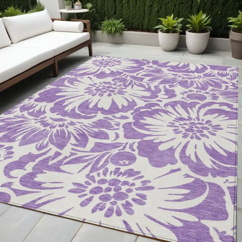 Purple and Ivory Floral Washable Non Skid Indoor Outdoor Area Rug Photo 1