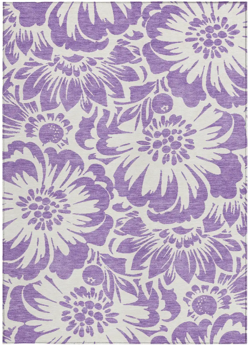 Purple and Ivory Floral Washable Non Skid Indoor Outdoor Area Rug Photo 3
