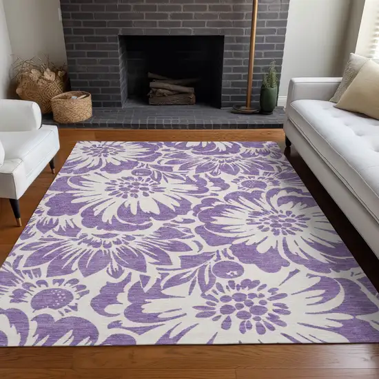 Purple and Ivory Floral Washable Non Skid Indoor Outdoor Area Rug Photo 7