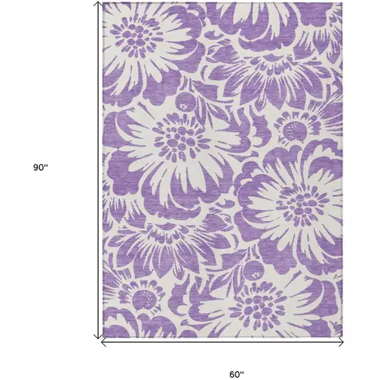 Purple and Ivory Floral Washable Non Skid Indoor Outdoor Area Rug Photo 3