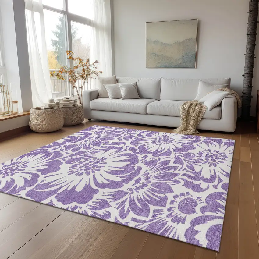 Purple and Ivory Floral Washable Non Skid Indoor Outdoor Area Rug Photo 8