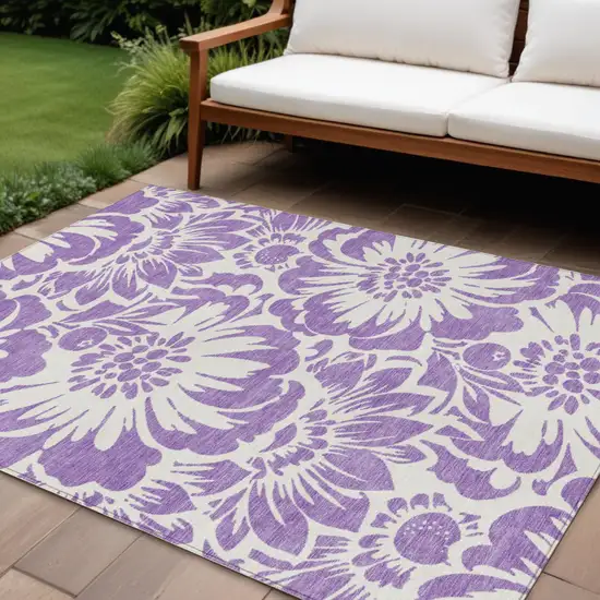 Purple and Ivory Floral Washable Non Skid Indoor Outdoor Area Rug Photo 1
