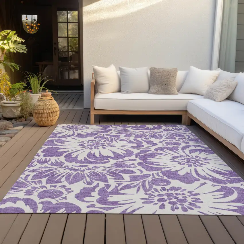 Purple and Ivory Floral Washable Non Skid Indoor Outdoor Area Rug Photo 9