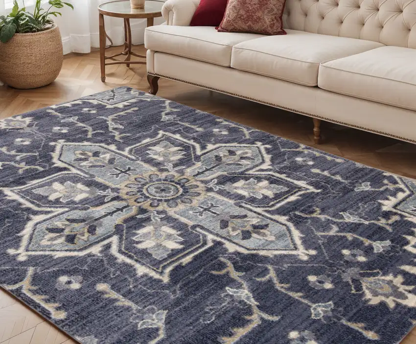 Purple and Ivory Floral Medallion Power Loom Area Rug Photo 1