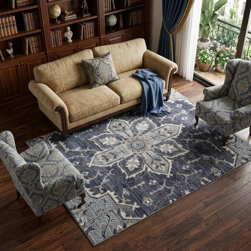 Ivory Gray And Blue Floral Medallion Area Rug Photo 1