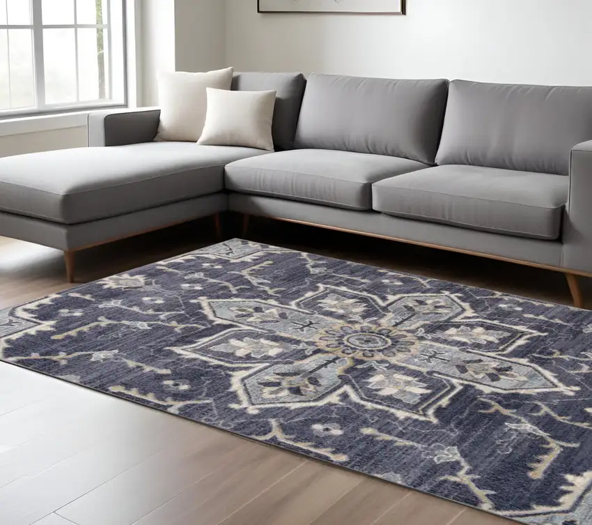 Purple and Ivory Floral Medallion Power Loom Area Rug Photo 1