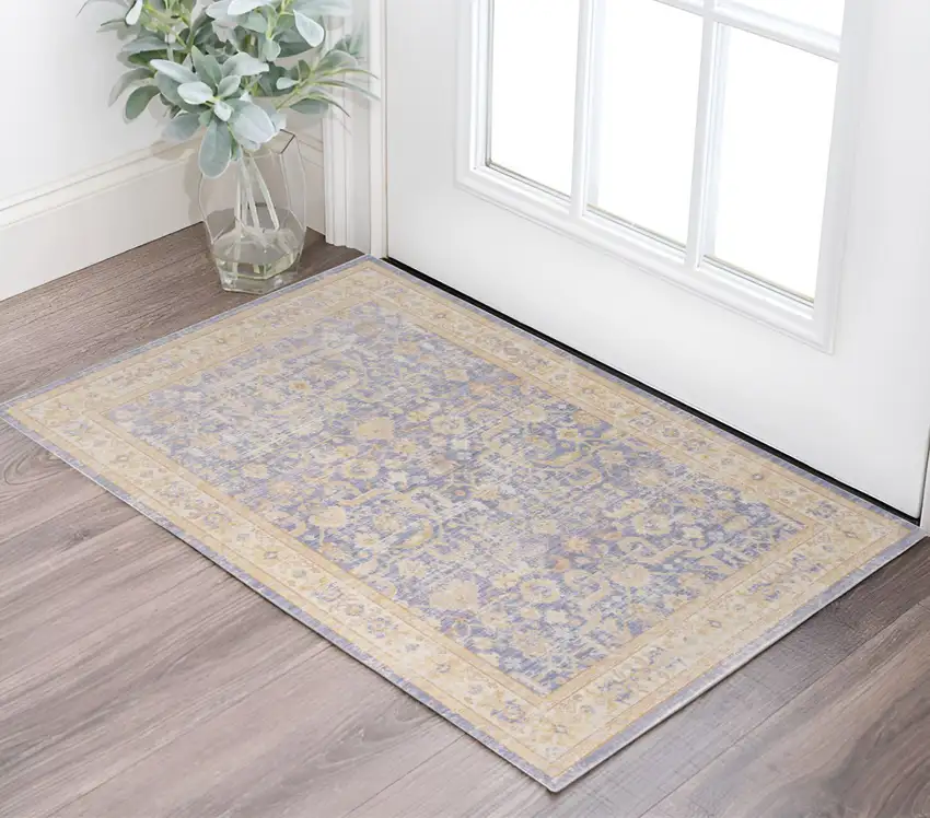 Blue and Yellow Oriental Power Loom Worn Faded Area Rug Photo 1