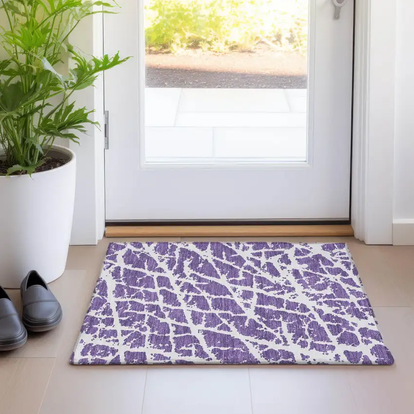 Purple and White Abstract Washable Non Skid Indoor Outdoor Area Rug Photo 9