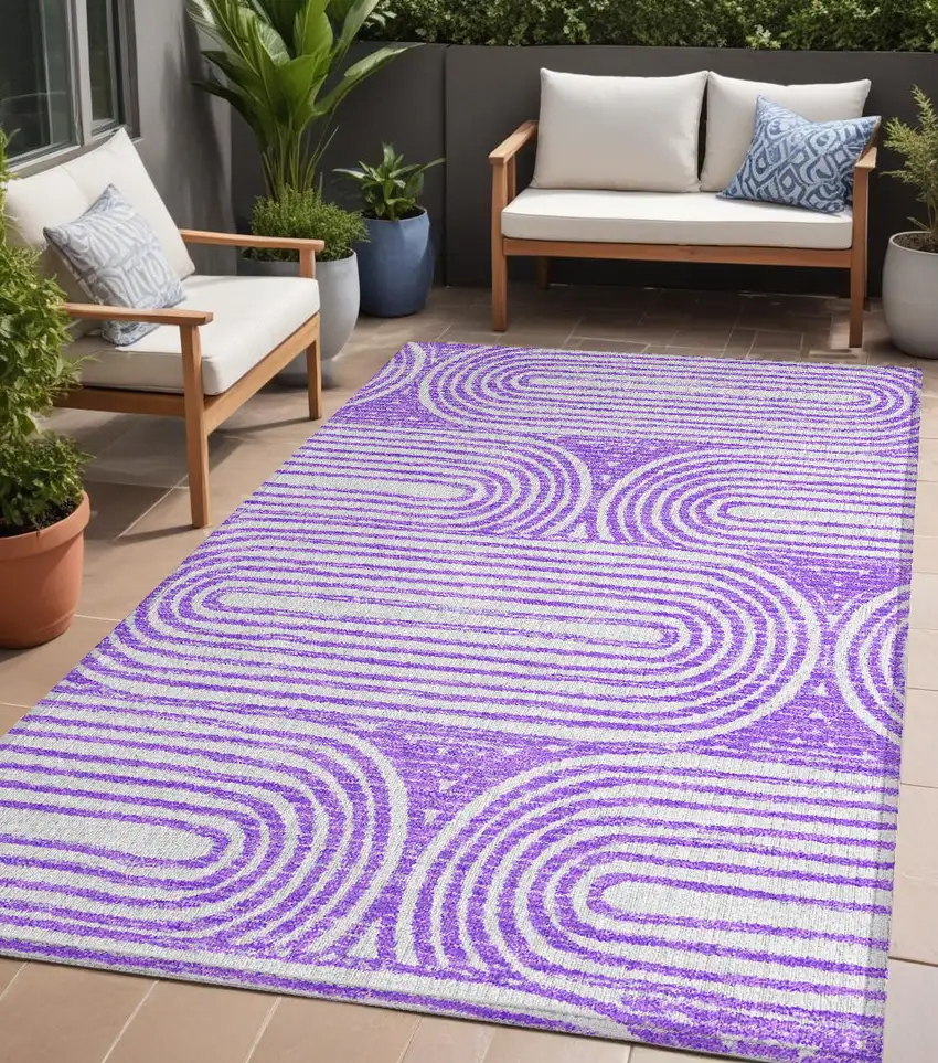 Purple and White Abstract Washable Non Skid Indoor Outdoor Area Rug Photo 1
