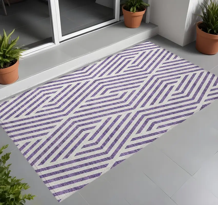Purple and White Geometric Washable Non Skid Indoor Outdoor Area Rug Photo 1