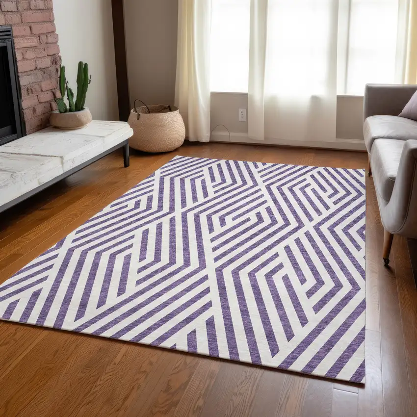 Purple and White Geometric Washable Non Skid Indoor Outdoor Area Rug Photo 9