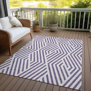 Photo of Purple and White Geometric Washable Non Skid Indoor Outdoor Area Rug