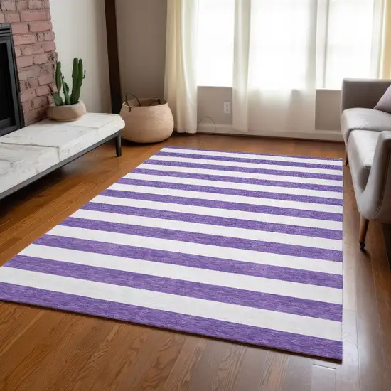 Purple and White Striped Washable Non Skid Indoor Outdoor Area Rug Photo 9