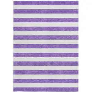Photo of Purple and White Striped Washable Non Skid Indoor Outdoor Area Rug