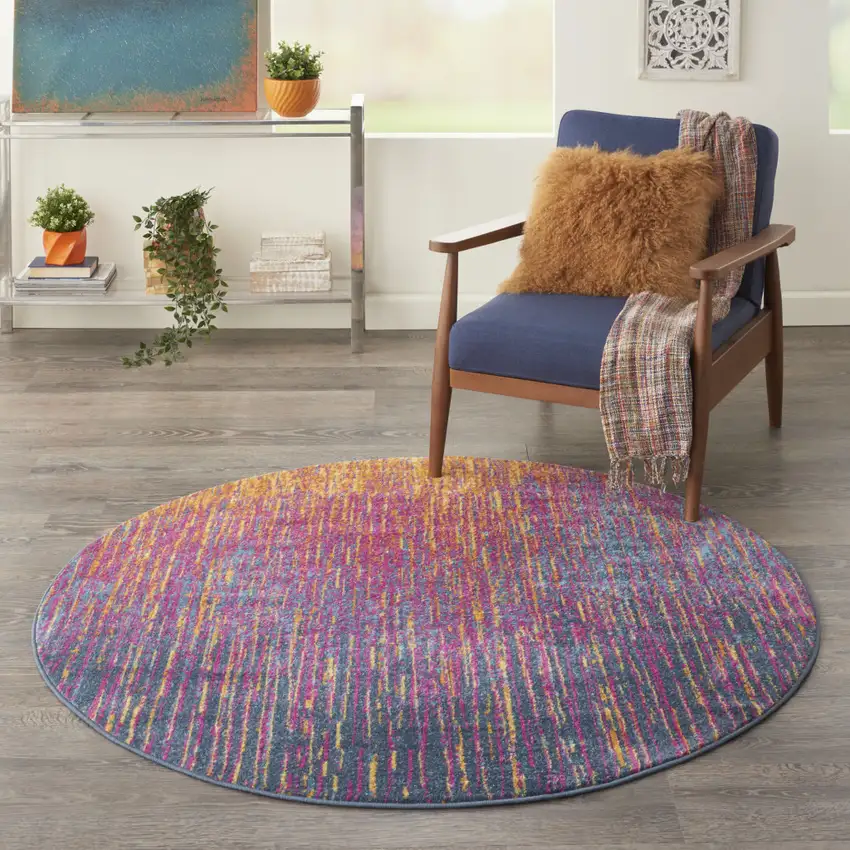 4' Blue And Pink Round Abstract Power Loom Area Rug Photo 7