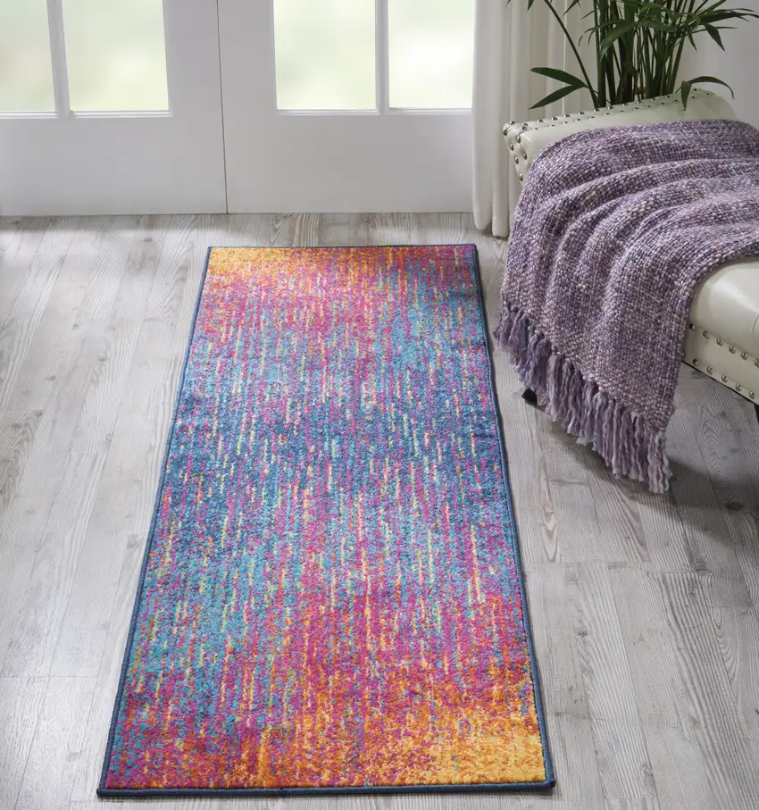 6' Blue And Pink Abstract Power Loom Runner Rug Photo 4