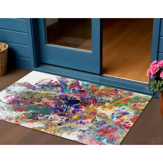 Rainbow And Ivory Abstract Washable Indoor Outdoor Area Rug Photo 1
