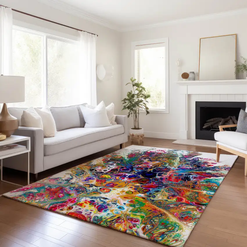 Rainbow And Ivory Abstract Washable Indoor Outdoor Area Rug Photo 9