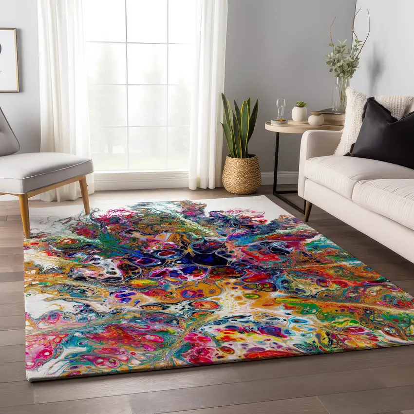 Rainbow And Ivory Abstract Washable Indoor Outdoor Area Rug Photo 8