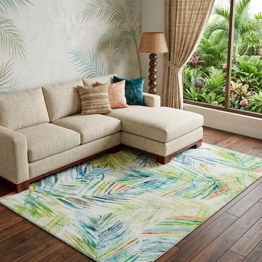 Rainbow And Ivory Geometric Washable Area Rug With UV Protection Photo 1