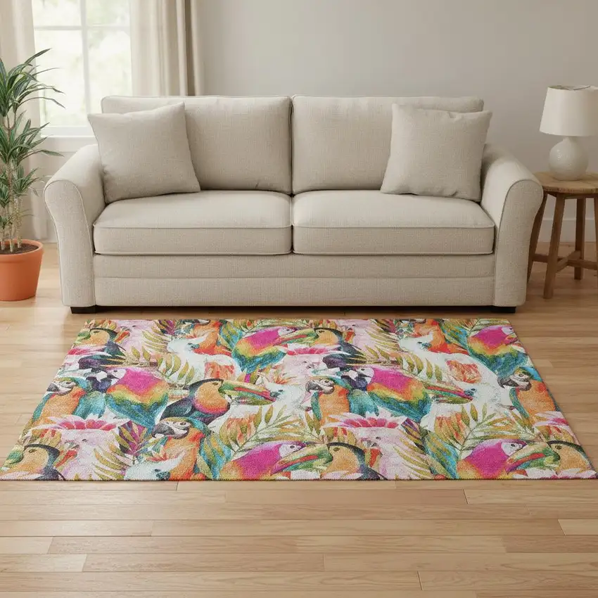 Rainbow And Ivory Geometric Washable Area Rug With UV Protection Photo 1