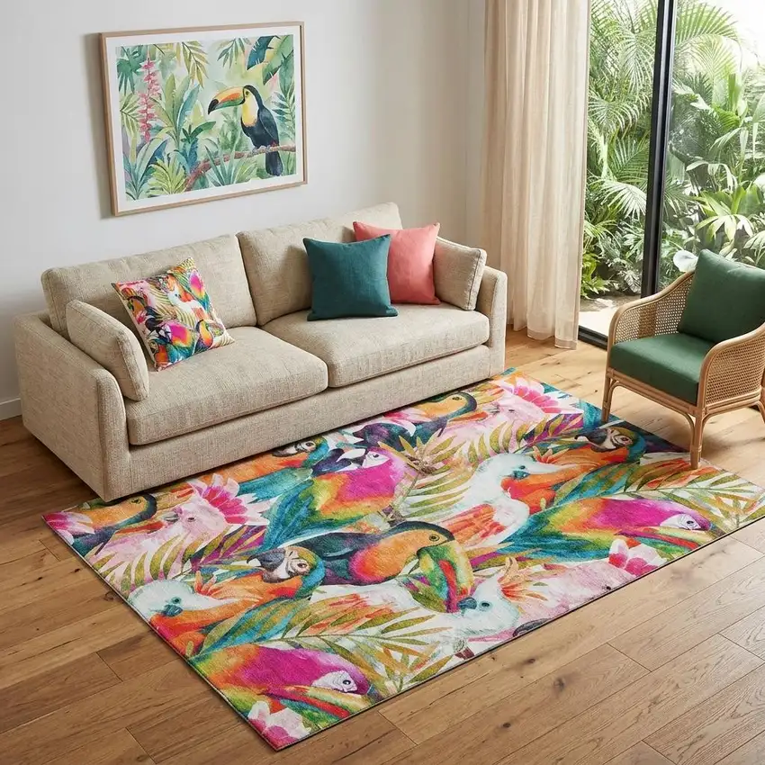 Rainbow And Ivory Geometric Washable Area Rug With UV Protection Photo 1