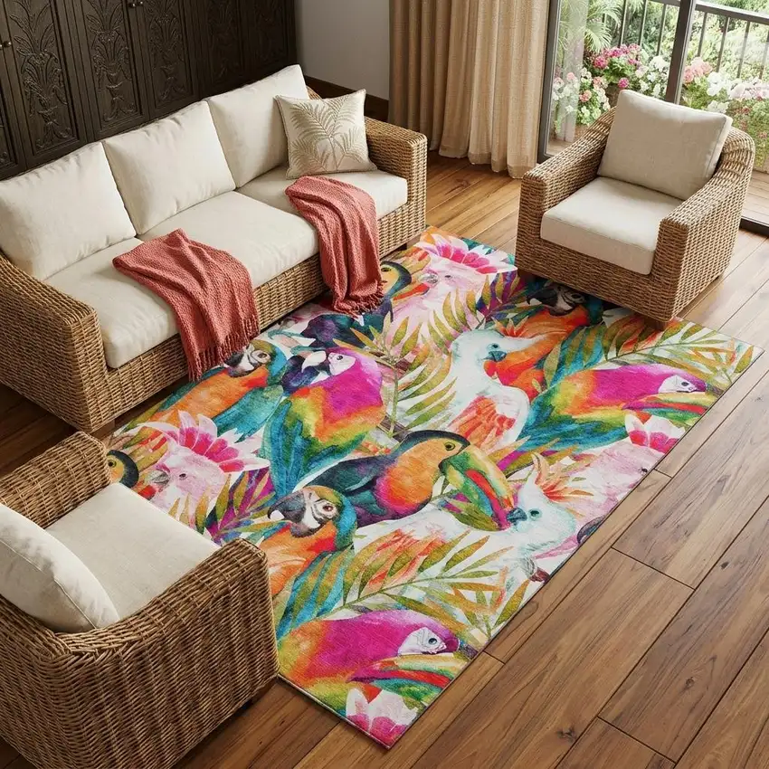 Rainbow And Ivory Geometric Washable Area Rug With UV Protection Photo 1