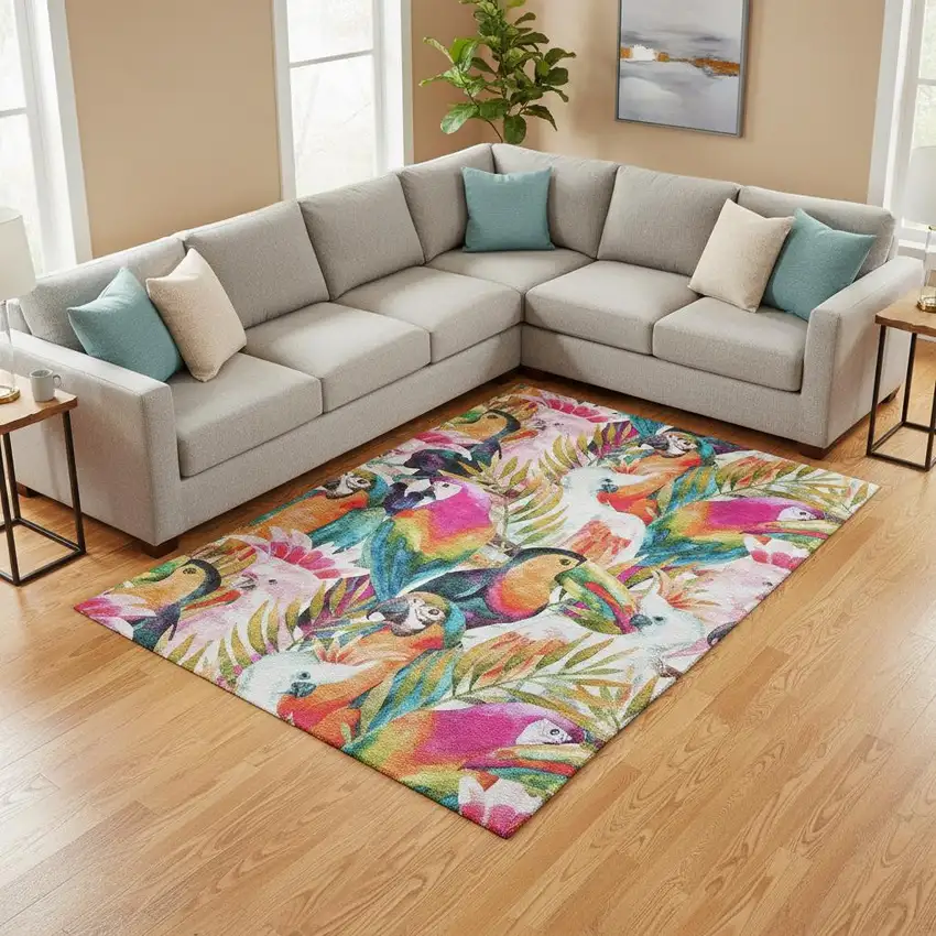 Rainbow And Ivory Geometric Washable Area Rug With UV Protection Photo 1