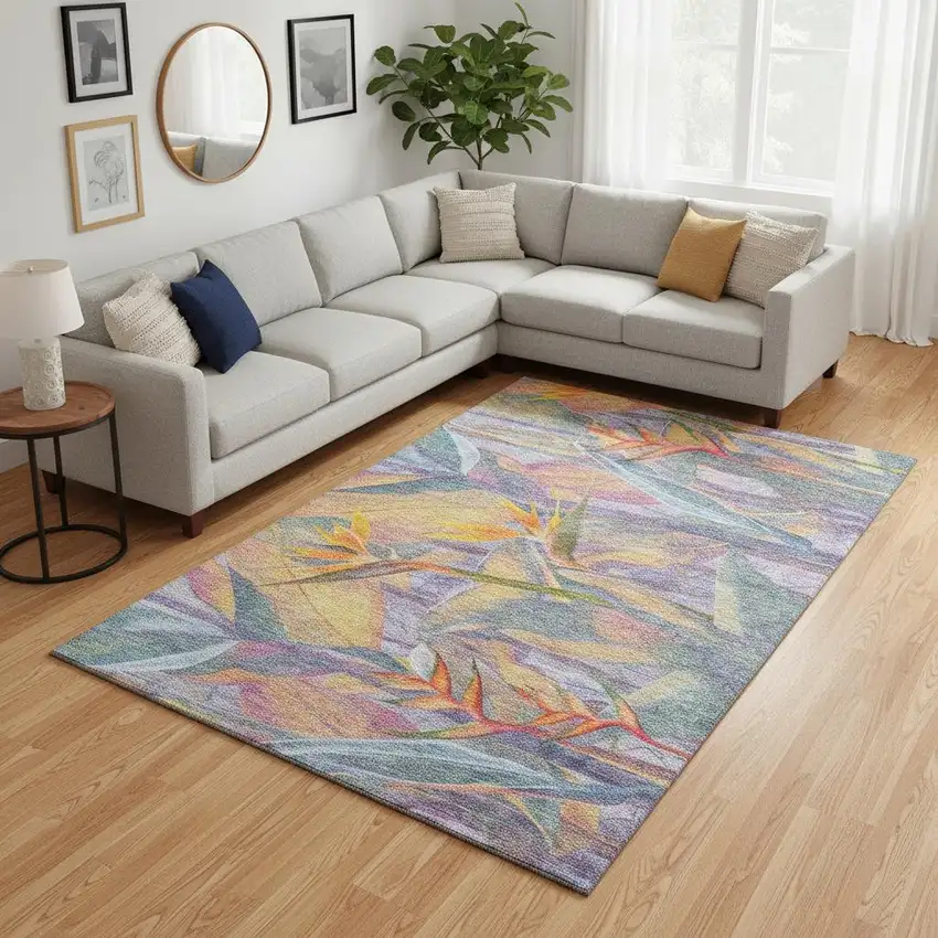 Rainbow And Ivory Geometric Washable Area Rug With UV Protection Photo 1