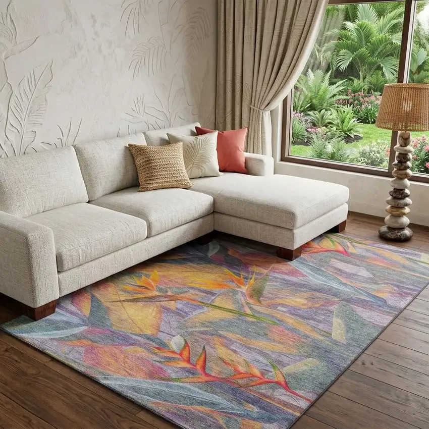 Rainbow And Ivory Geometric Washable Area Rug With UV Protection Photo 1