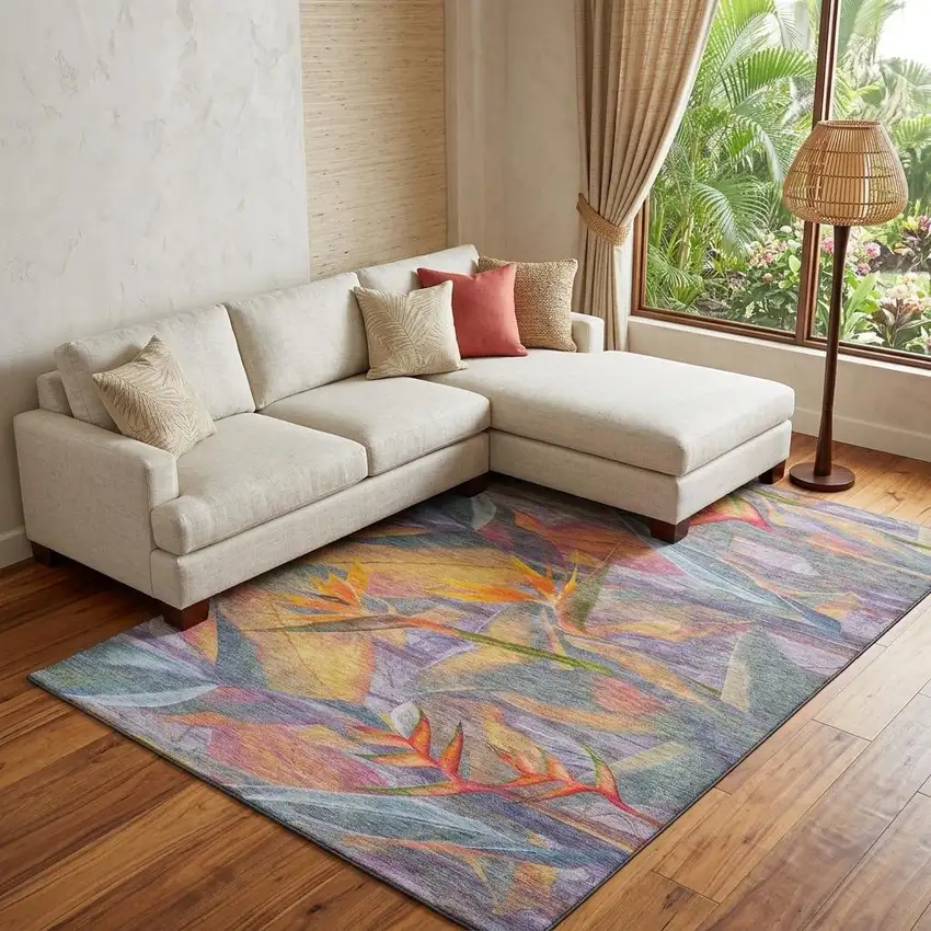 Rainbow And Ivory Geometric Washable Area Rug With UV Protection Photo 1