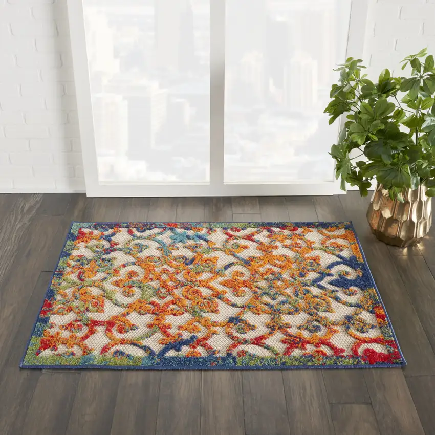 Ivory And Blue Floral Indoor Outdoor Area Rug Photo 7