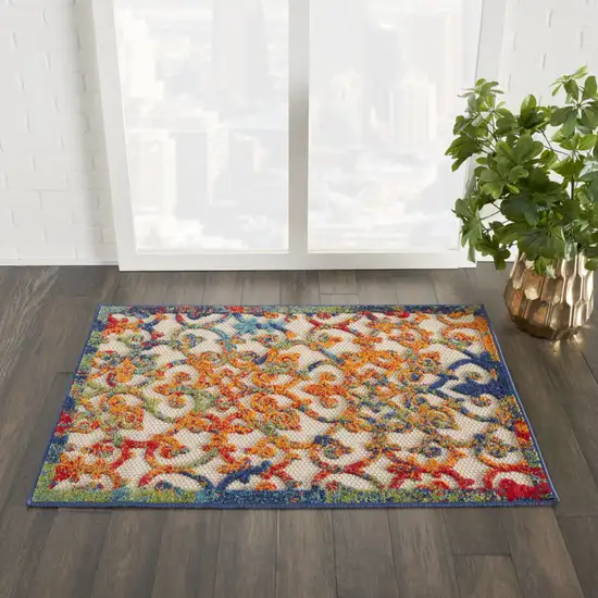 Ivory And Blue Floral Indoor Outdoor Area Rug Photo 7