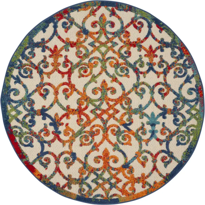 Ivory And Blue Round Floral Indoor Outdoor Area Rug Photo 1