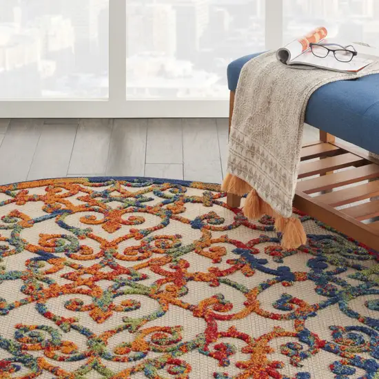 Ivory And Blue Round Floral Indoor Outdoor Area Rug Photo 8
