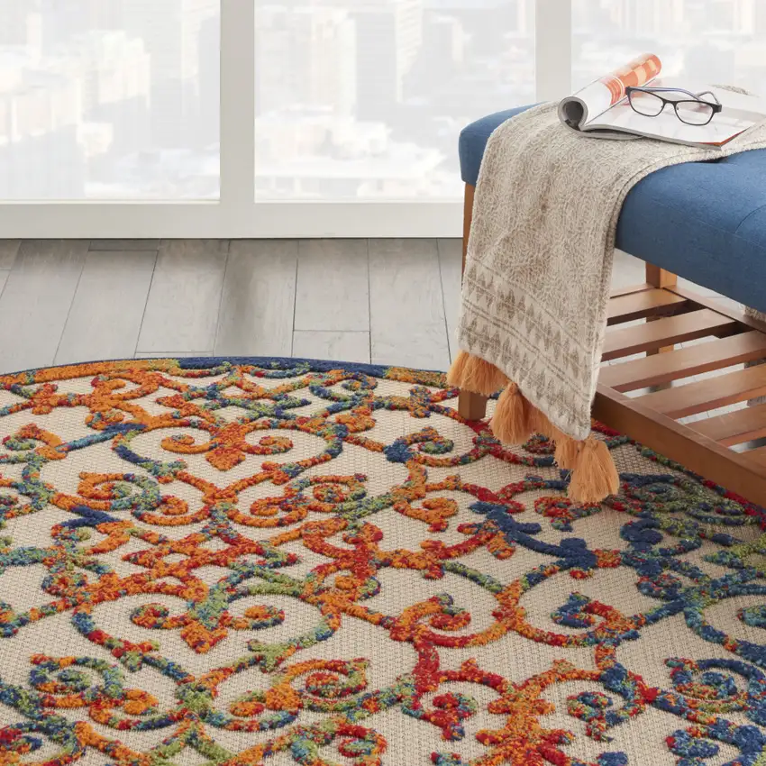 Ivory And Blue Round Floral Indoor Outdoor Area Rug Photo 8