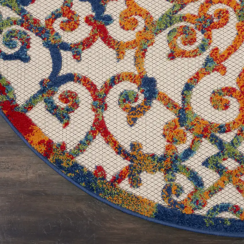 Ivory And Blue Round Floral Indoor Outdoor Area Rug Photo 2