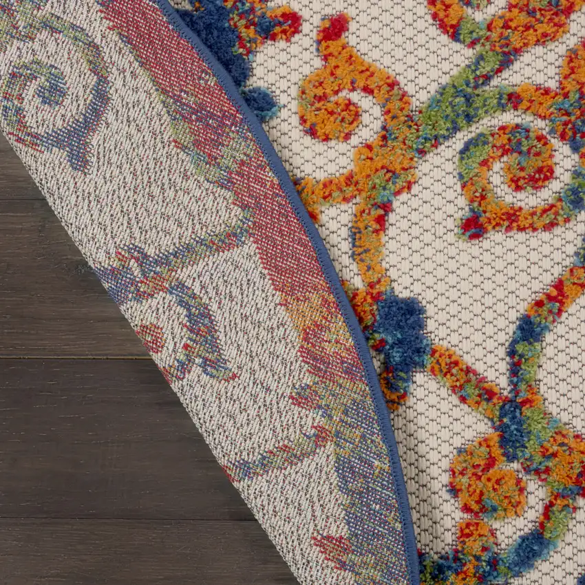 Ivory And Blue Round Floral Indoor Outdoor Area Rug Photo 4