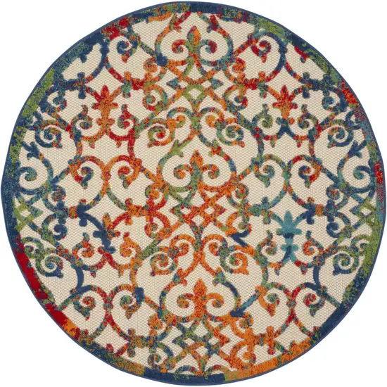 4' Ivory And Blue Round Indoor Outdoor Area Rug Photo 3